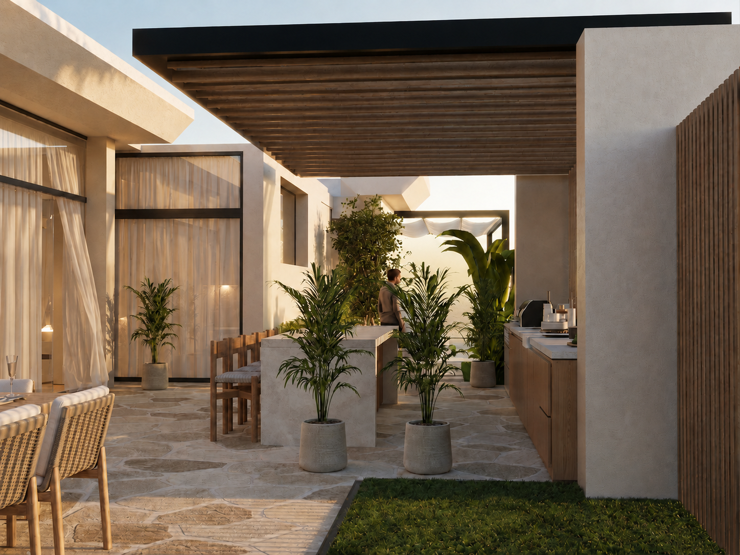Luxury villa outdoor kitchen and BBQ bar area under a modern shaded pergola in Soma Bay Red Sea